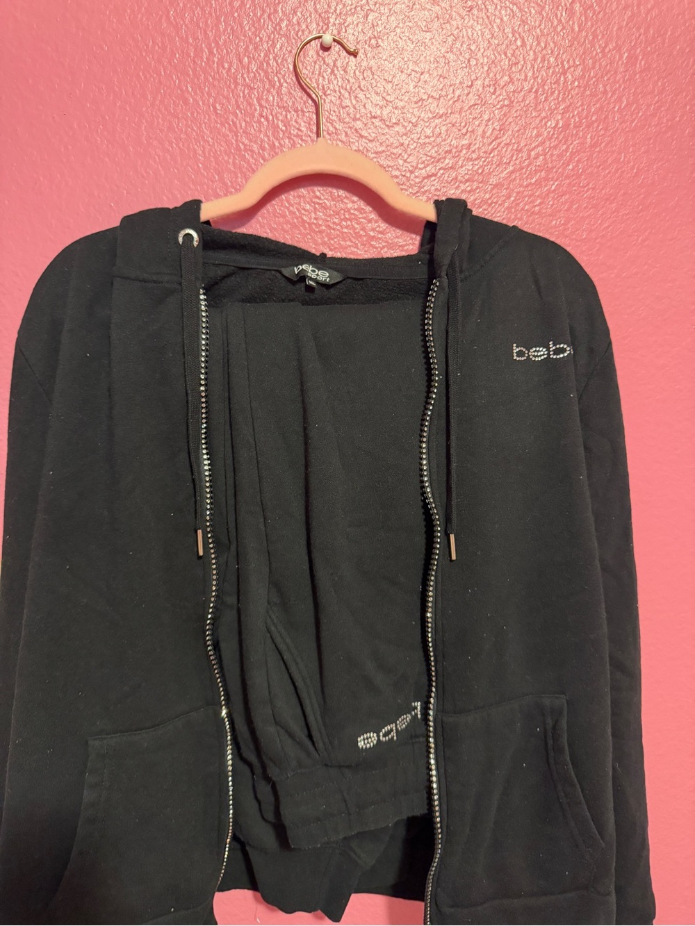 bebe Black Zip Front Hoodie Jacket with Rhinestone Logo